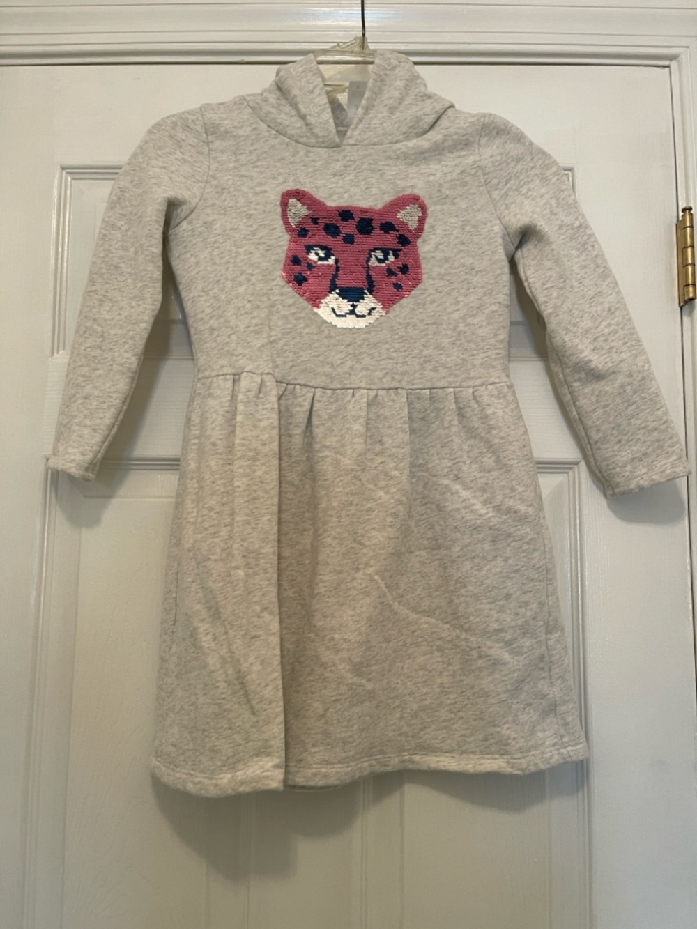 Carter's Heather Gray Hoodie Dress w/ reversible sequins Pink Leopard Patch sz 7